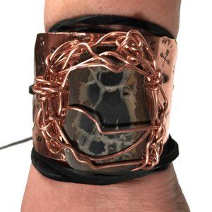 Septarian Dragons Egg Gemstone Brutalist Cuff Bracelet Tie Wrap Copper Suede
